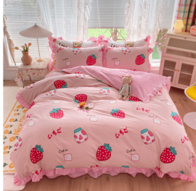 Cotton 100 Princess Wind Quilt Cover Cartoon Student Dormitory Bed (Option: Strawberry milk-1.2m bed sheet threepiece set)