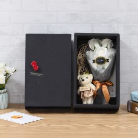 2-layer Flower Head Rose With Bear Preserved Flower Bouquet Khaki Gift Packaging (Color: White)