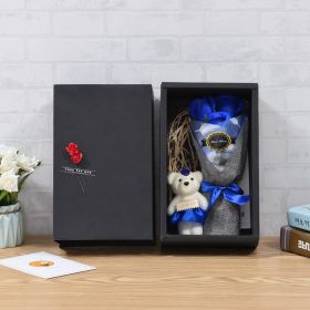 2-layer Flower Head Rose With Bear Preserved Flower Bouquet Khaki Gift Packaging (Color: Dark Blue)