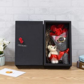 2-layer Flower Head Rose With Bear Preserved Flower Bouquet Khaki Gift Packaging (Color: Red)