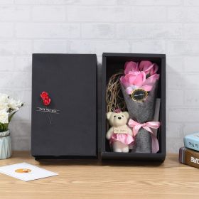 2-layer Flower Head Rose With Bear Preserved Flower Bouquet Khaki Gift Packaging (Color: Pink)