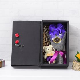 2-layer Flower Head Rose With Bear Preserved Flower Bouquet Khaki Gift Packaging (Color: Purple)