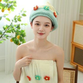 Hair-drying Cap Thick Coral Fleece Embroidery Flower Shower Cap Bath Towel Hair Band Strong Absorbent Bath Skirt Set (Option: Green Shower Cap-Flower Series)